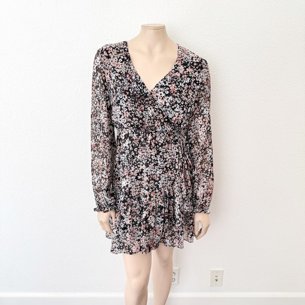 [Chelsea 28] Black Floral Print Ruffle Hem V-Neck Chiffon Wrap Dress Sz Large L